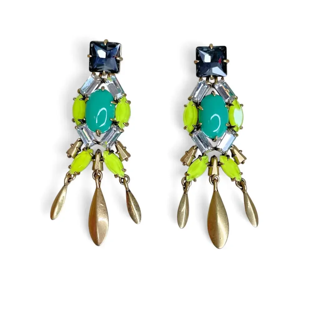 Stella & Dot‎ Jardin Chandeliers Statement Earrings Green Neon Yellow Rhinestone